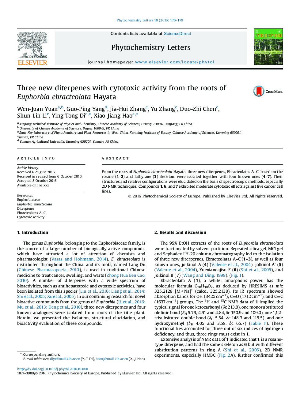 Three new diterpenes with cytotoxic activity from the roots of Euphorbia ebracteolata Hayata