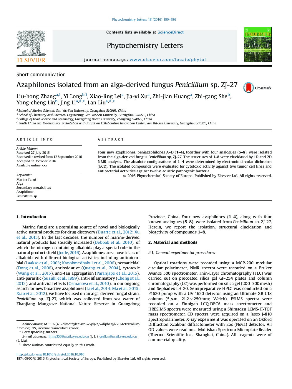 Azaphilones isolated from an alga-derived fungus Penicillium sp. ZJ-27