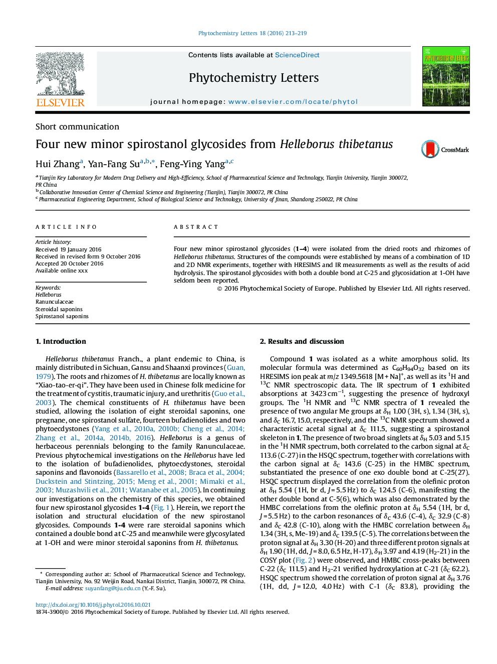 Four new minor spirostanol glycosides from Helleborus thibetanus