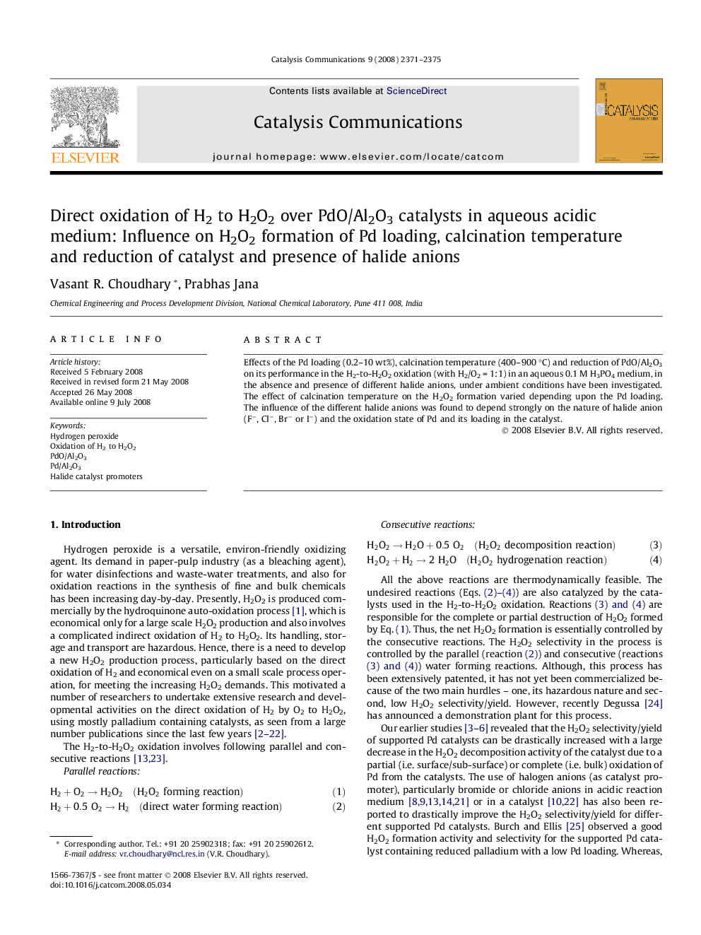 Direct oxidation of H2 to H2O2 over PdO/Al2O3 catalysts in aqueous acidic medium: Influence on H2O2 formation of Pd loading, calcination temperature and reduction of catalyst and presence of halide anions