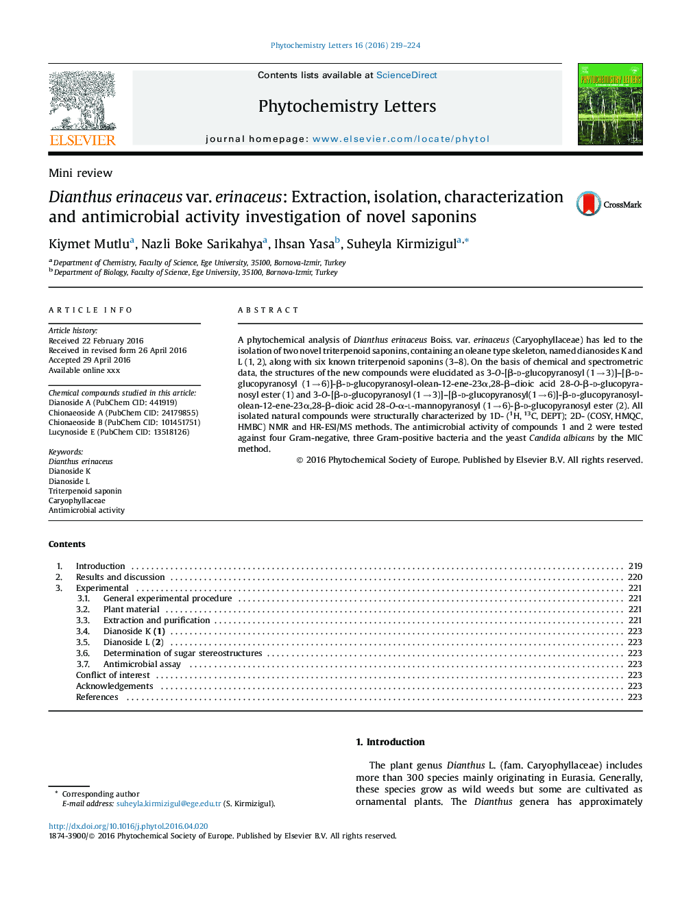 Dianthus erinaceus var. erinaceus: Extraction, isolation, characterization and antimicrobial activity investigation of novel saponins