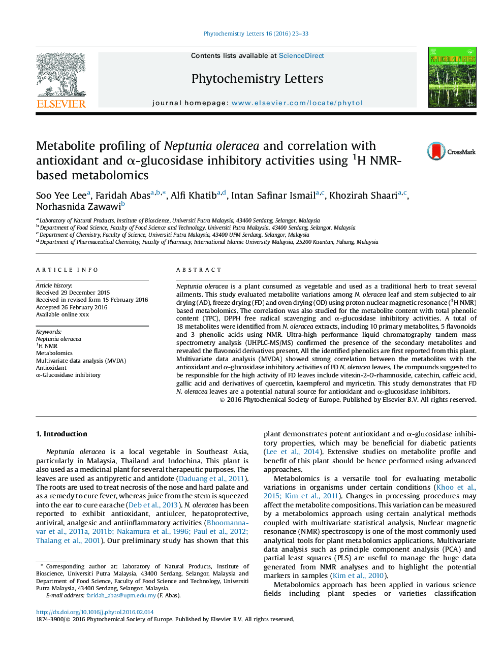 Metabolite profiling of Neptunia oleracea and correlation with antioxidant and Î±-glucosidase inhibitory activities using 1H NMR-based metabolomics