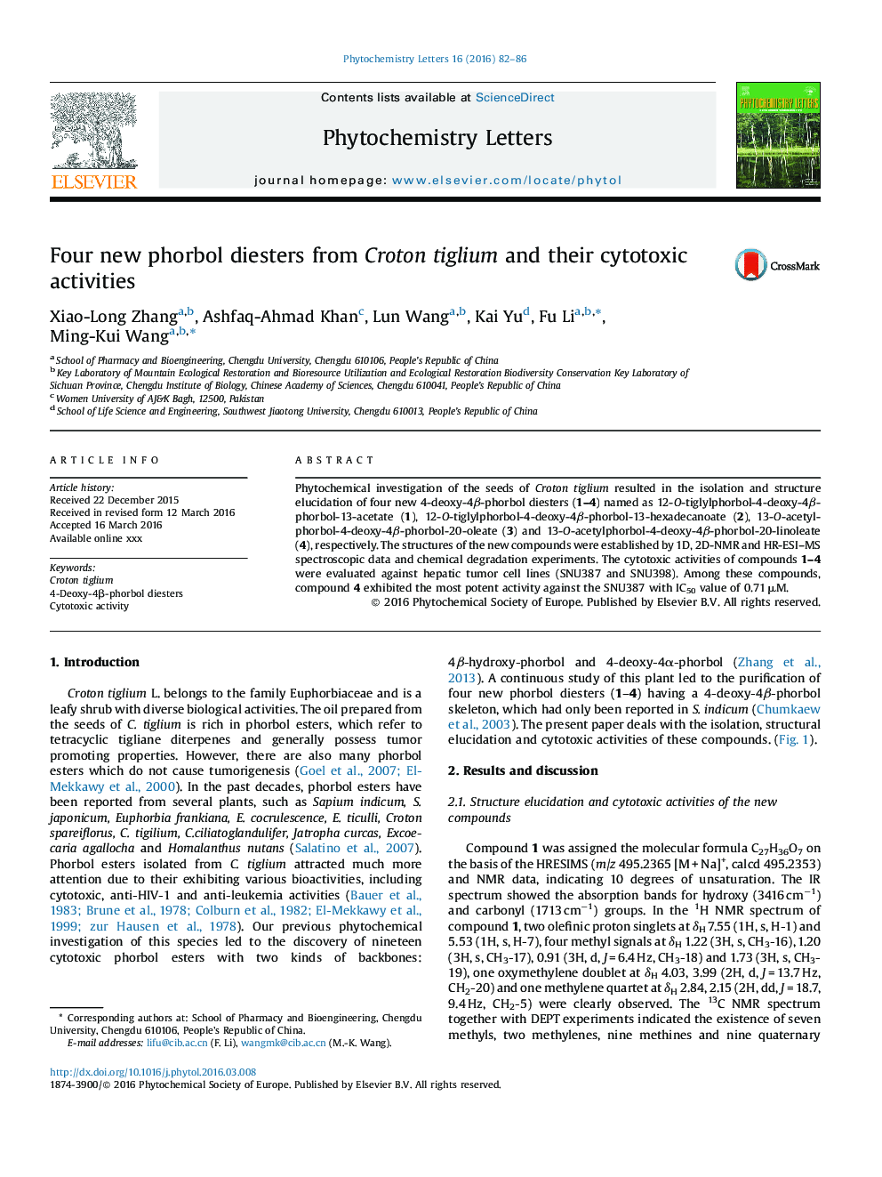 Four new phorbol diesters from Croton tiglium and their cytotoxic activities