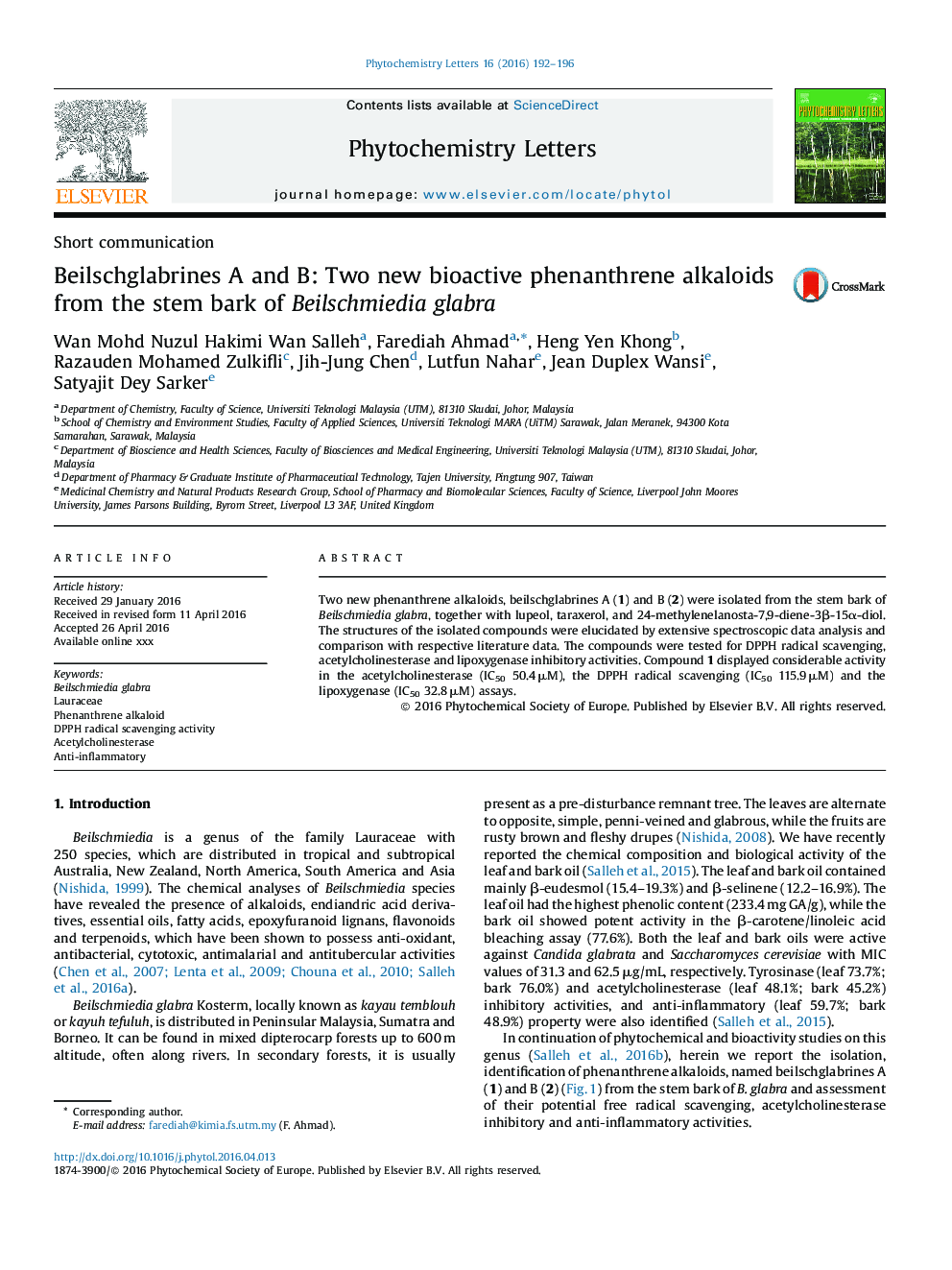 Beilschglabrines A and B: Two new bioactive phenanthrene alkaloids from the stem bark of Beilschmiedia glabra