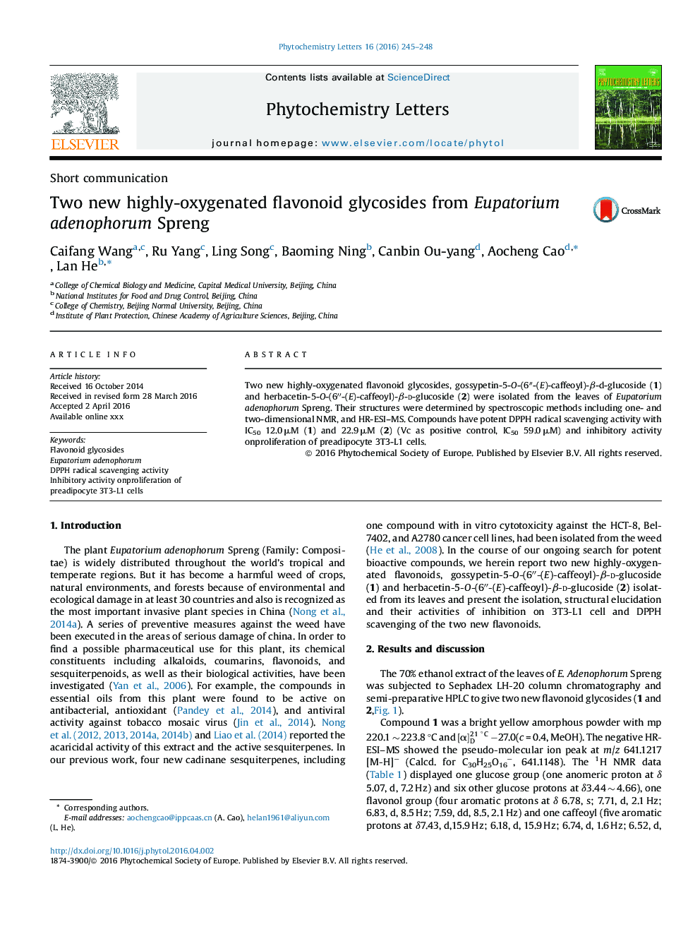 Two new highly-oxygenated flavonoid glycosides from Eupatorium adenophorum Spreng