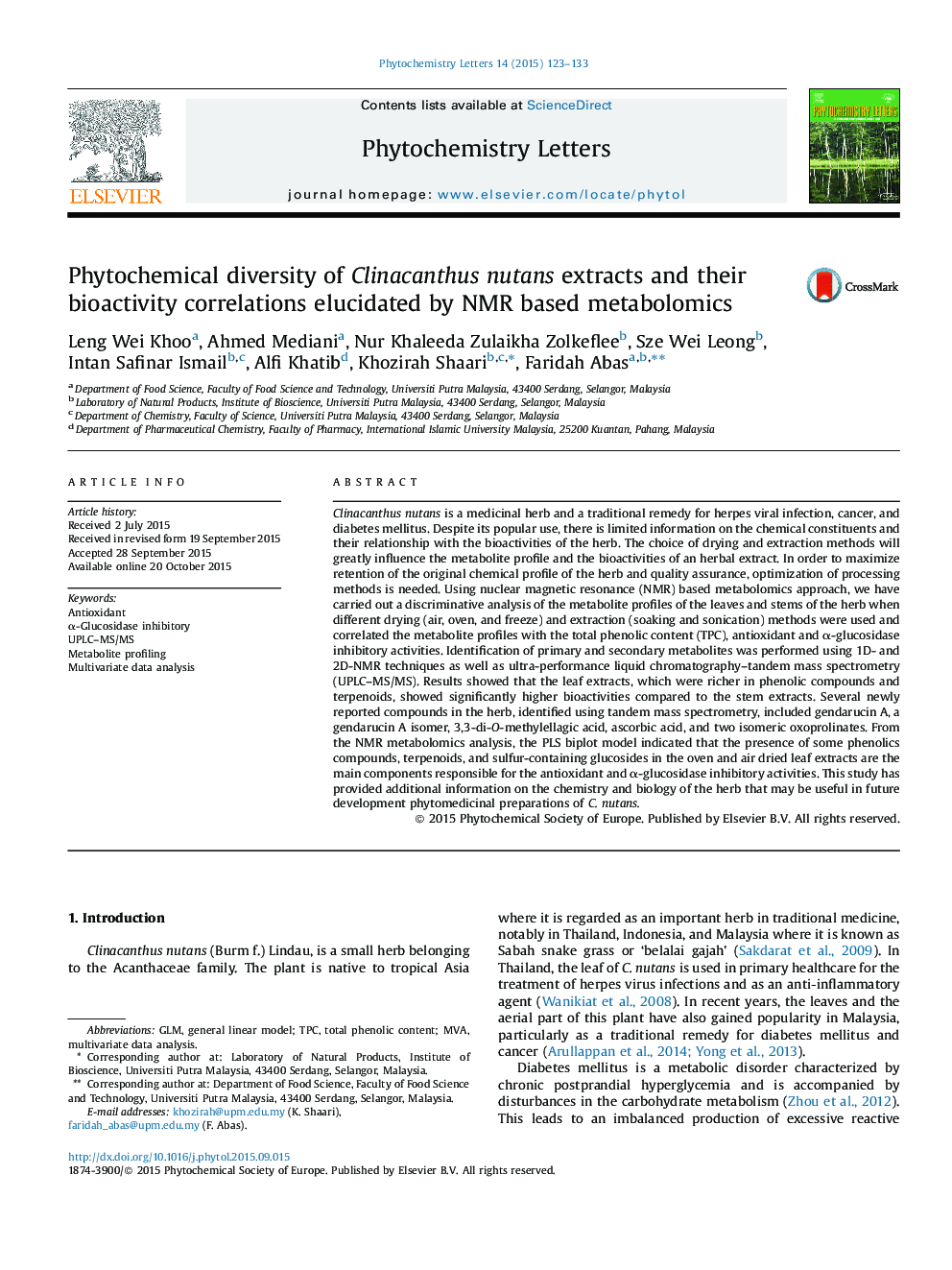 Phytochemical diversity of Clinacanthus nutans extracts and their bioactivity correlations elucidated by NMR based metabolomics