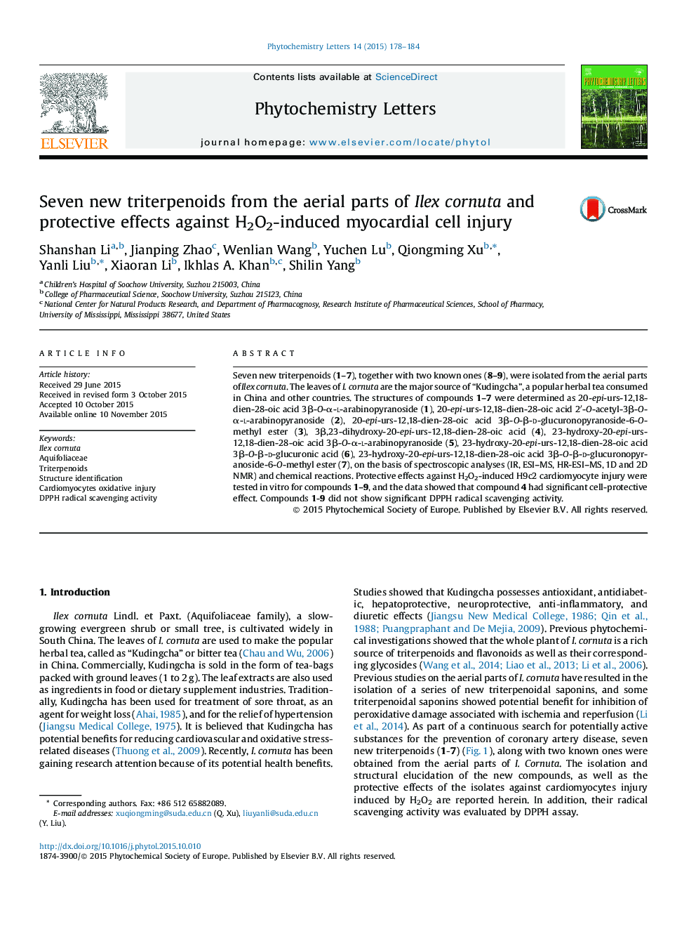 Seven new triterpenoids from the aerial parts of Ilex cornuta and protective effects against H2O2-induced myocardial cell injury