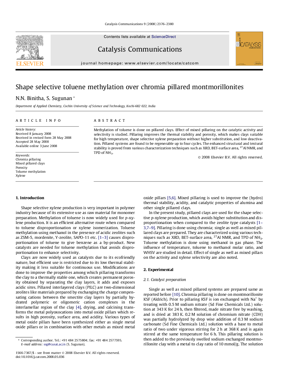 Shape selective toluene methylation over chromia pillared montmorillonites