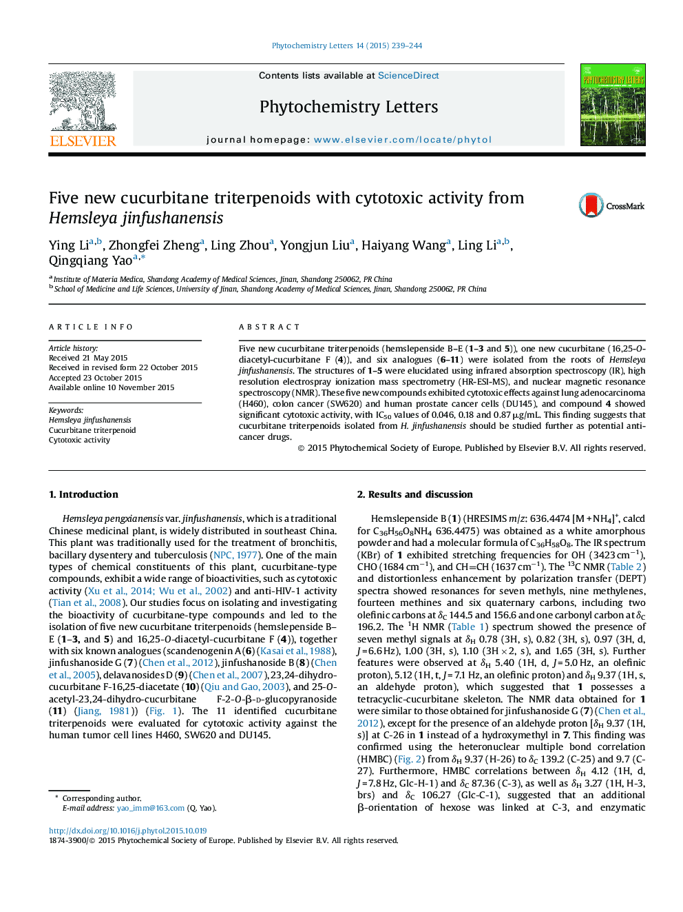 Five new cucurbitane triterpenoids with cytotoxic activity from Hemsleya jinfushanensis