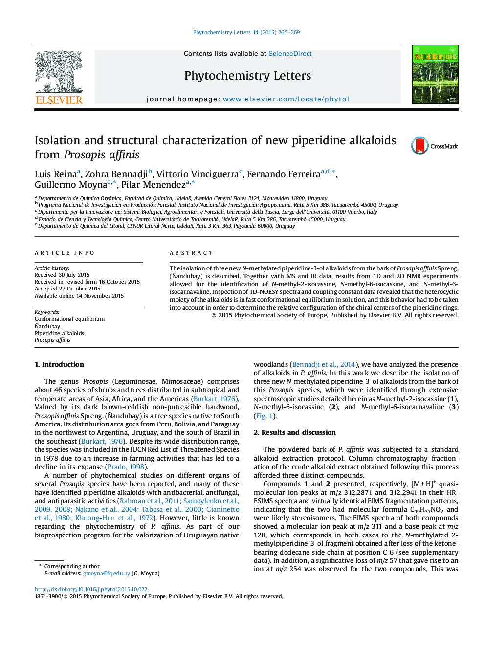 Isolation and structural characterization of new piperidine alkaloids from Prosopis affinis