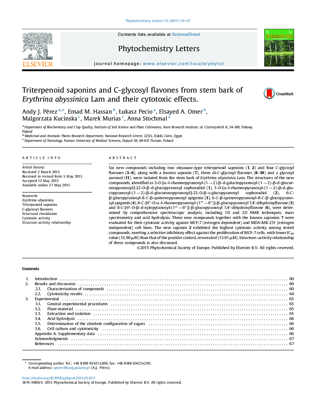 Triterpenoid saponins and C-glycosyl flavones from stem bark of Erythrina abyssinica Lam and their cytotoxic effects.