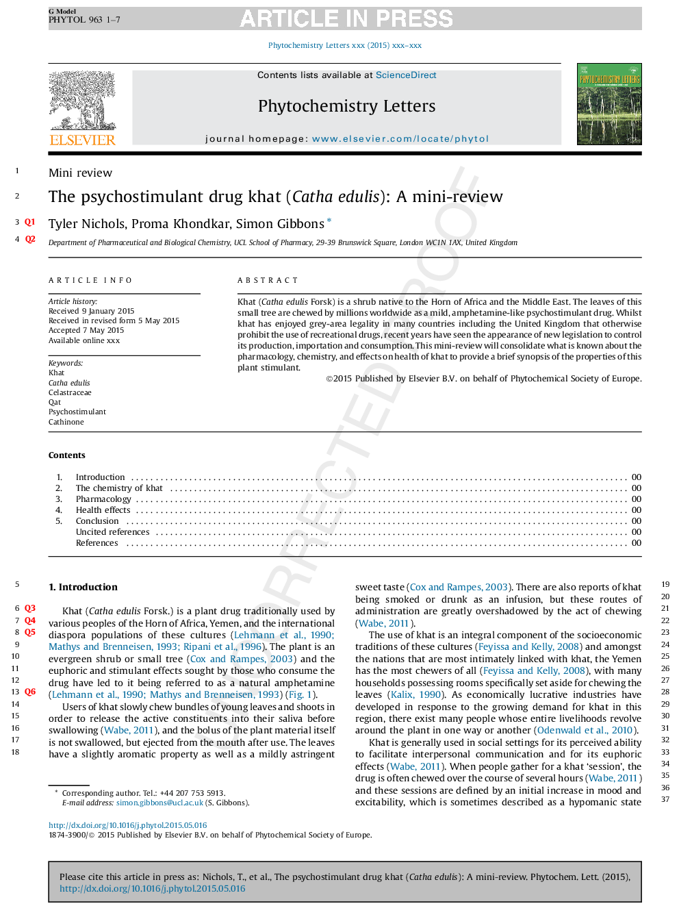 The psychostimulant drug khat (Catha edulis): A mini-review