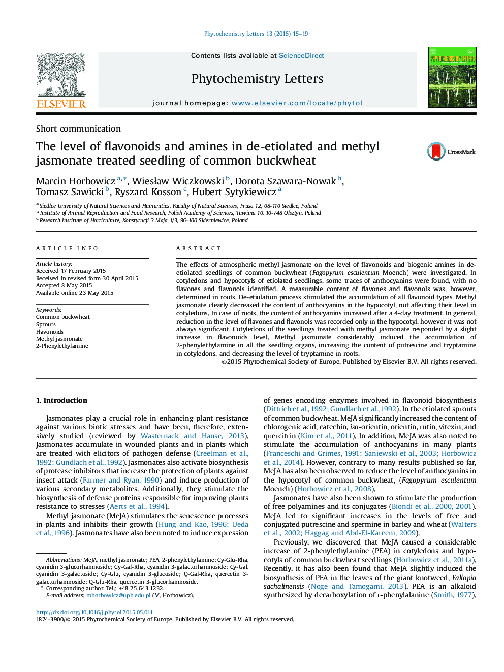 The level of flavonoids and amines in de-etiolated and methyl jasmonate treated seedling of common buckwheat