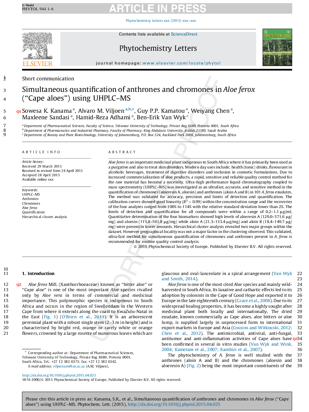 Simultaneous quantification of anthrones and chromones in Aloe ferox (“Cape aloes”) using UHPLC-MS