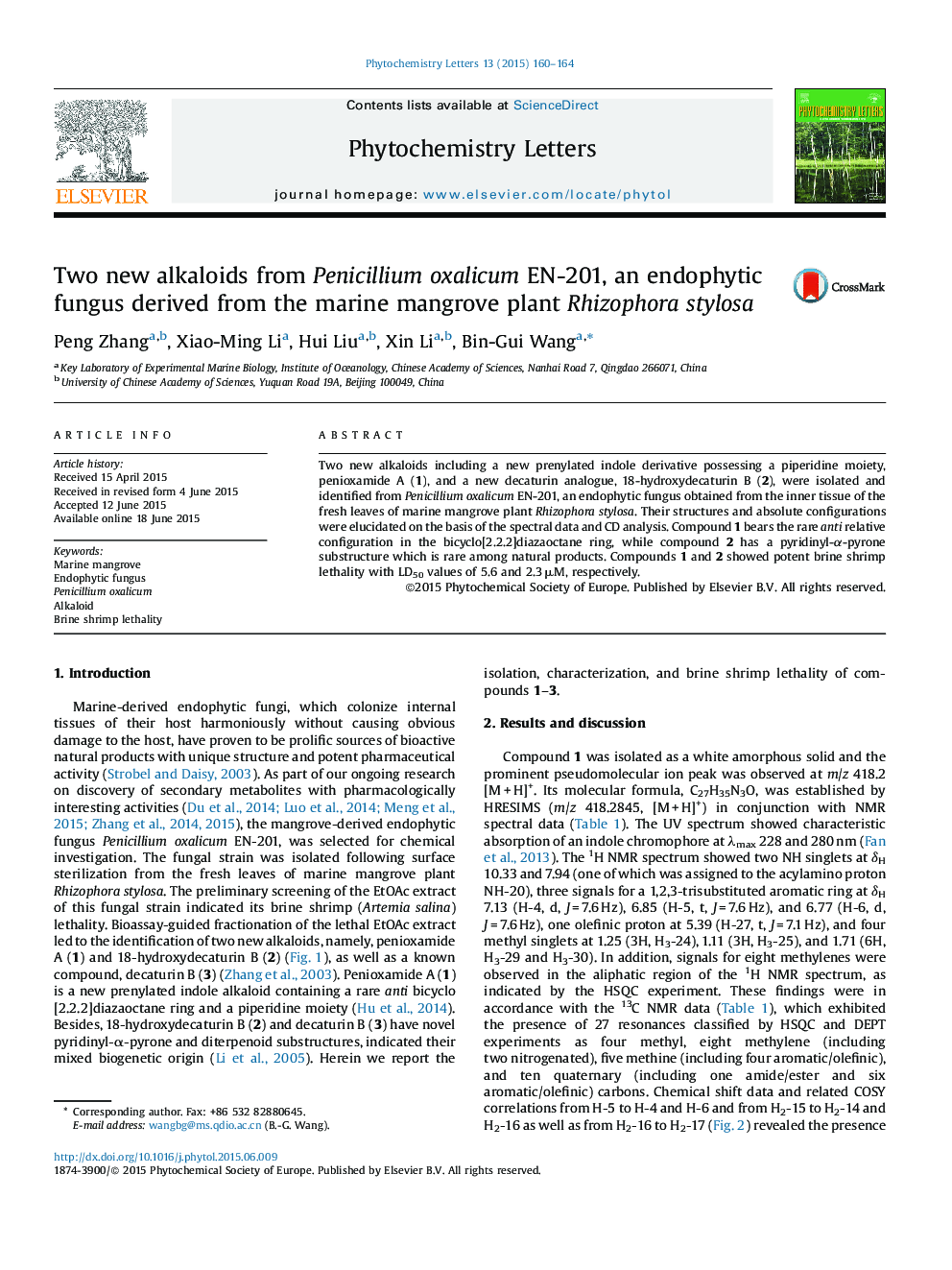 Two new alkaloids from Penicillium oxalicum EN-201, an endophytic fungus derived from the marine mangrove plant Rhizophora stylosa