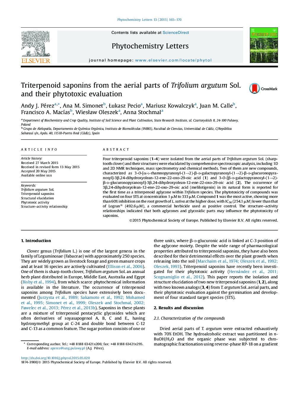 Triterpenoid saponins from the aerial parts of Trifolium argutum Sol. and their phytotoxic evaluation