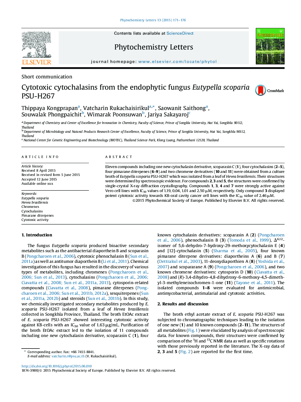 Cytotoxic cytochalasins from the endophytic fungus Eutypella scoparia PSU-H267