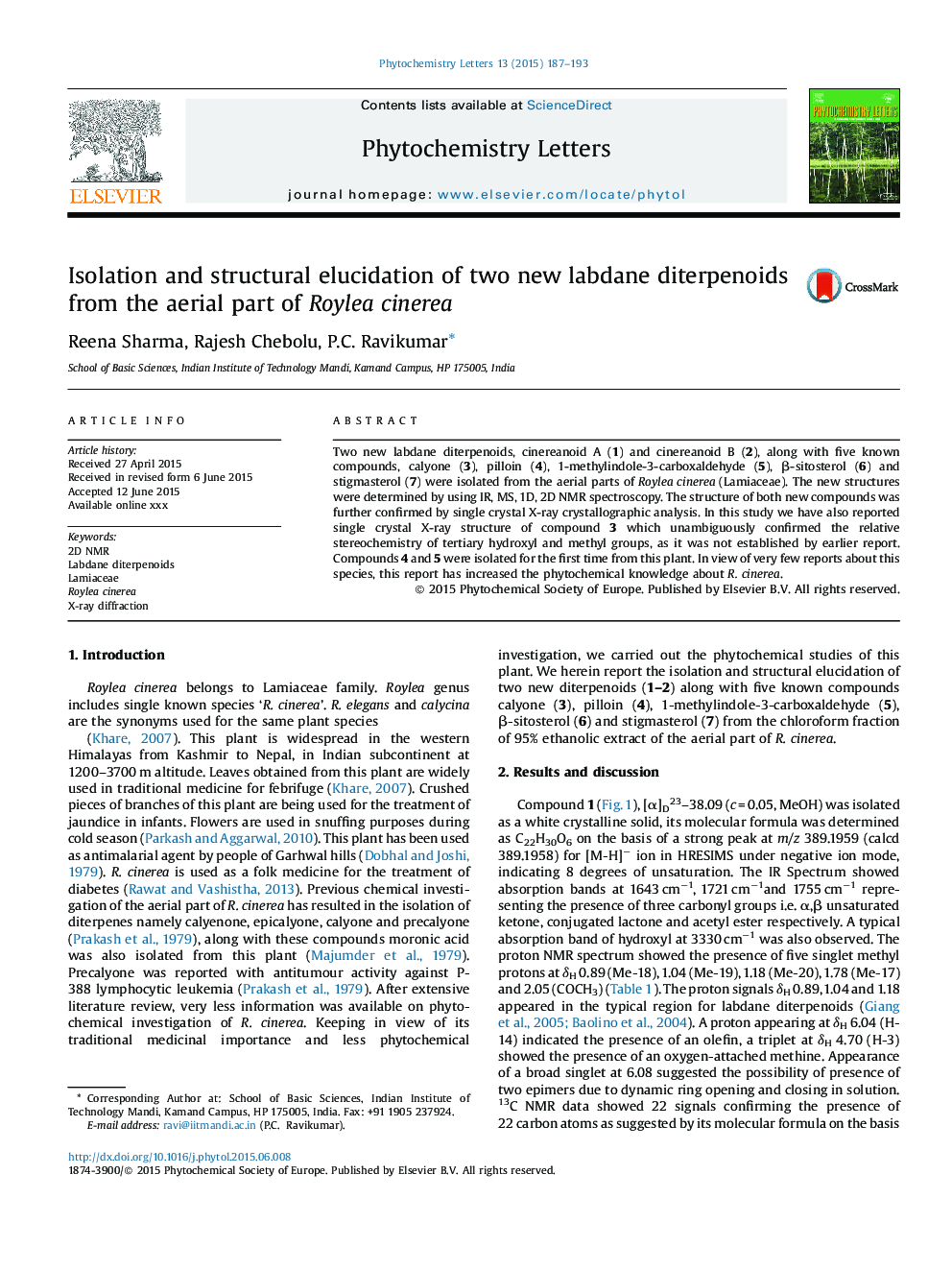 Isolation and structural elucidation of two new labdane diterpenoids from the aerial part of Roylea cinerea