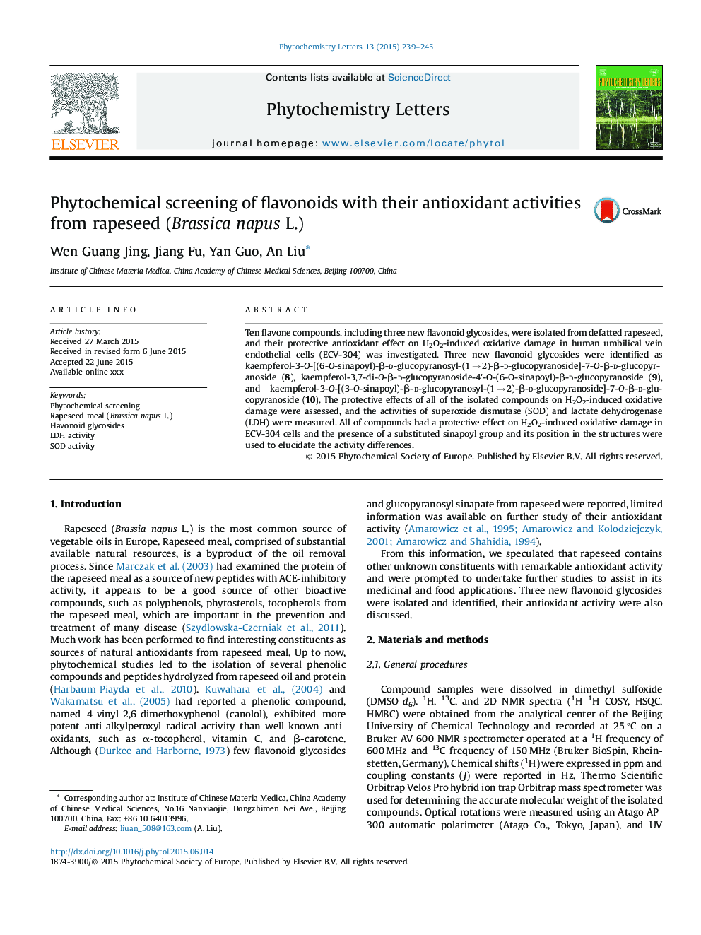 Phytochemical screening of flavonoids with their antioxidant activities from rapeseed (Brassica napus L.)