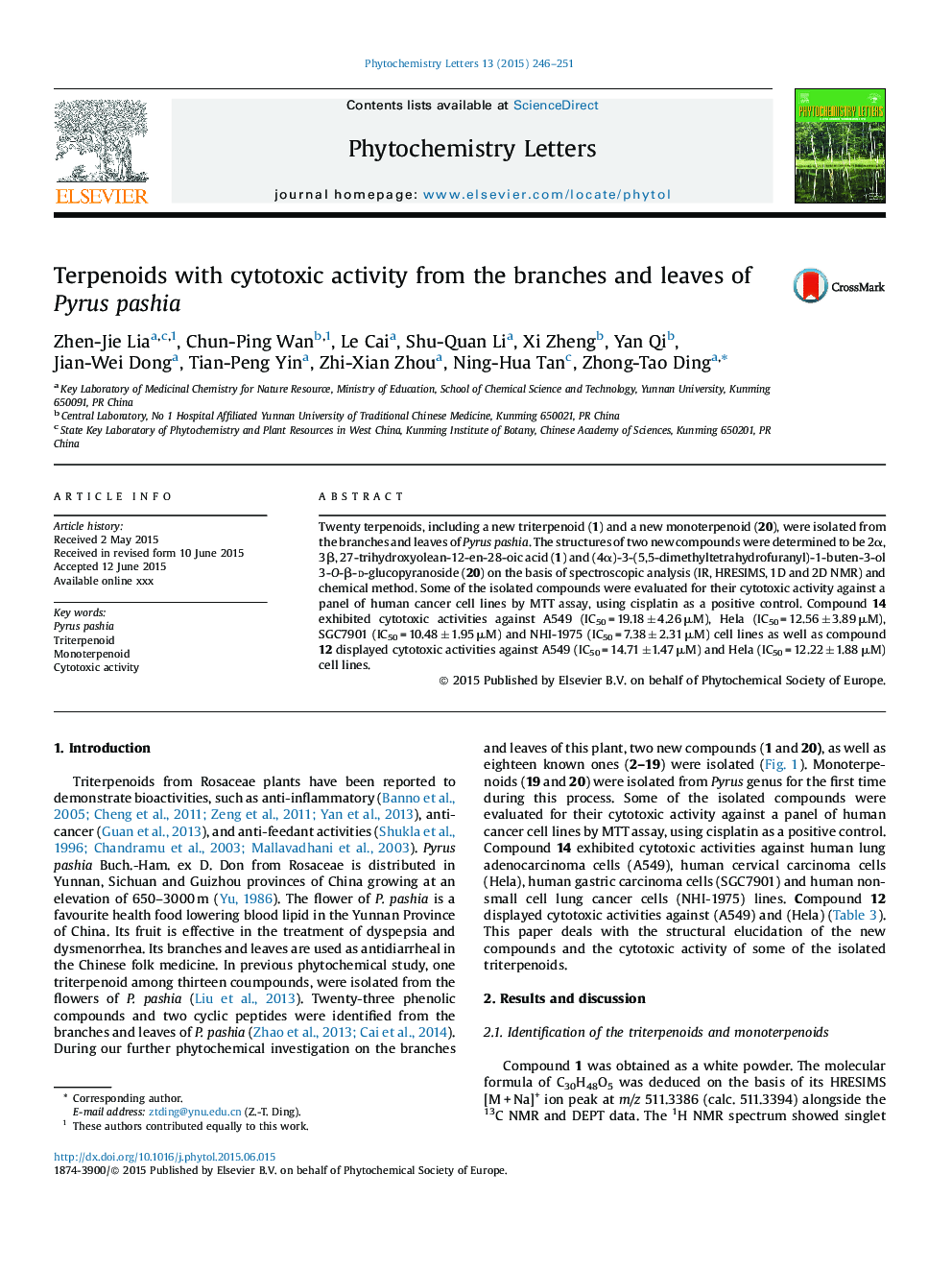 Terpenoids with cytotoxic activity from the branches and leaves of Pyrus pashia