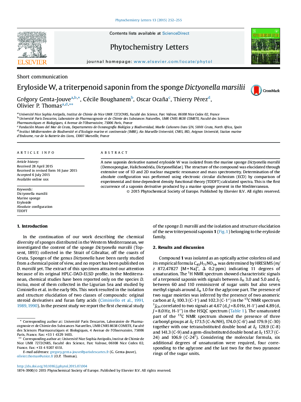 Eryloside W, a triterpenoid saponin from the sponge Dictyonella marsilii