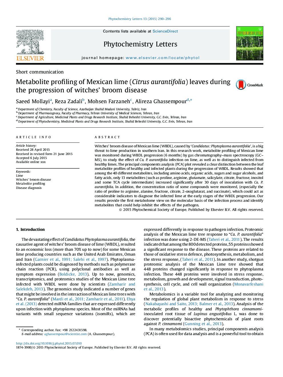 Metabolite profiling of Mexican lime (Citrus aurantifolia) leaves during the progression of witches' broom disease