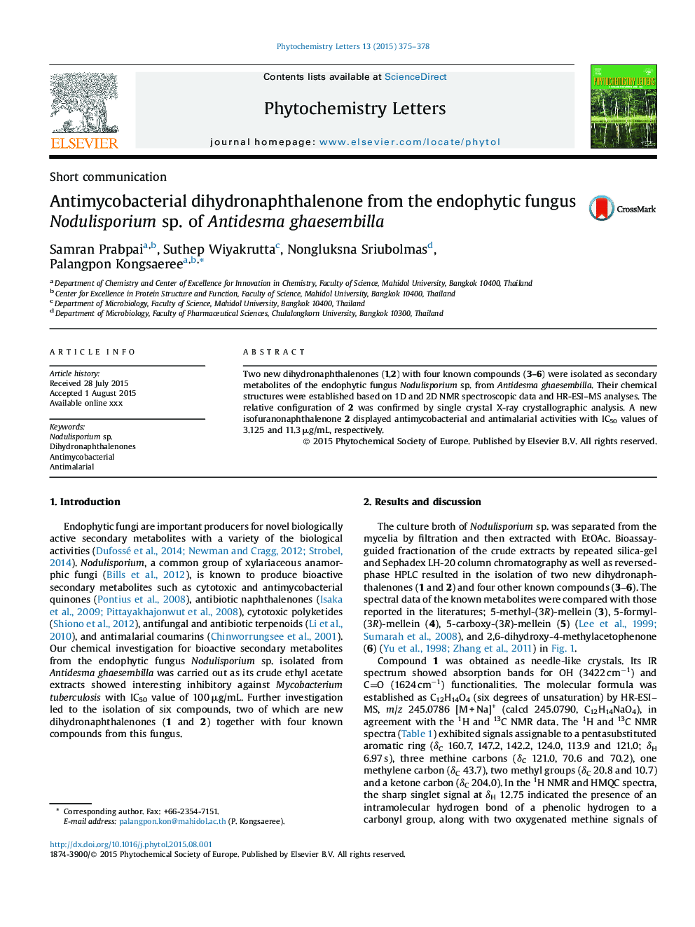 Antimycobacterial dihydronaphthalenone from the endophytic fungus Nodulisporium sp. of Antidesma ghaesembilla