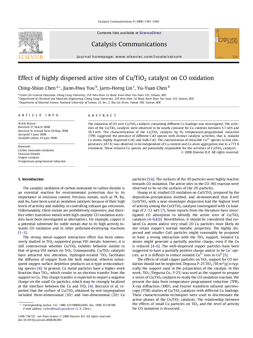 Effect of highly dispersed active sites of Cu/TiO2 catalyst on CO oxidation