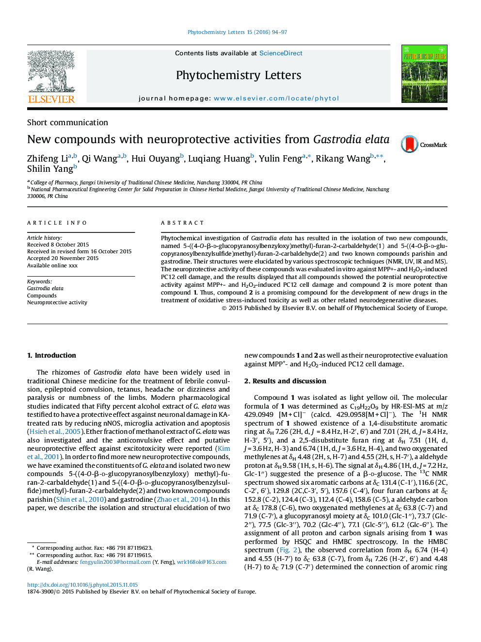 New compounds with neuroprotective activities from Gastrodia elata