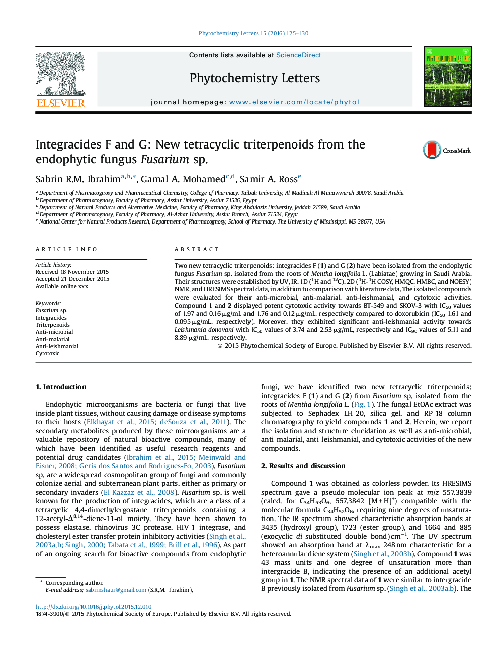 Integracides F and G: New tetracyclic triterpenoids from the endophytic fungus Fusarium sp.