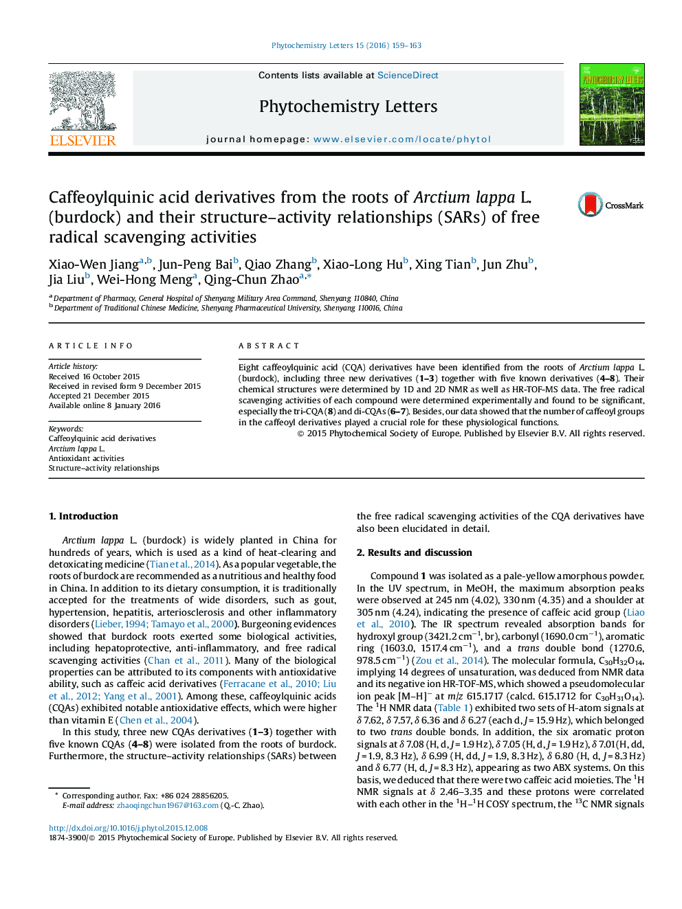 Caffeoylquinic acid derivatives from the roots of Arctium lappa L. (burdock) and their structure-activity relationships (SARs) of free radical scavenging activities