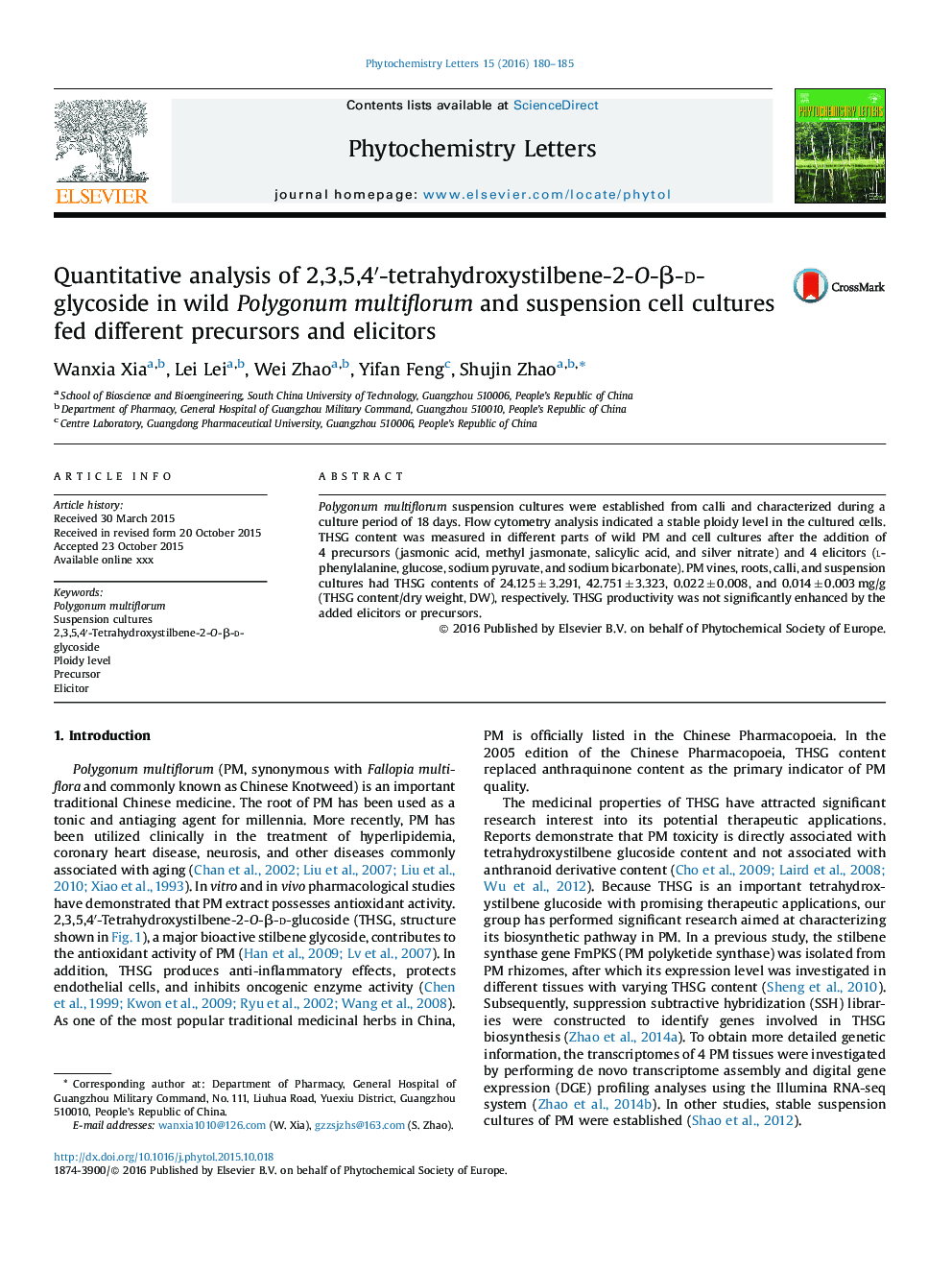 Quantitative analysis of 2,3,5,4â²-tetrahydroxystilbene-2-O-Î²-d-glycoside in wild Polygonum multiflorum and suspension cell cultures fed different precursors and elicitors