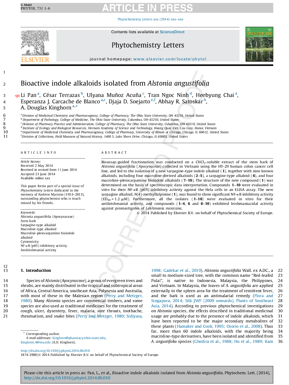 Bioactive indole alkaloids isolated from Alstonia angustifolia