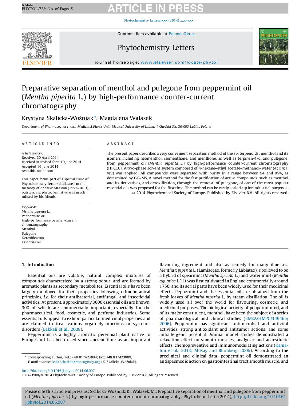 Preparative separation of menthol and pulegone from peppermint oil (Mentha piperita L.) by high-performance counter-current chromatography