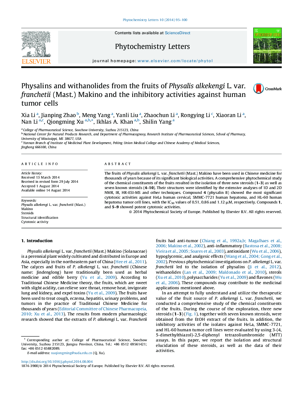 Physalins and withanolides from the fruits of Physalis alkekengi L. var. franchetii (Mast.) Makino and the inhibitory activities against human tumor cells