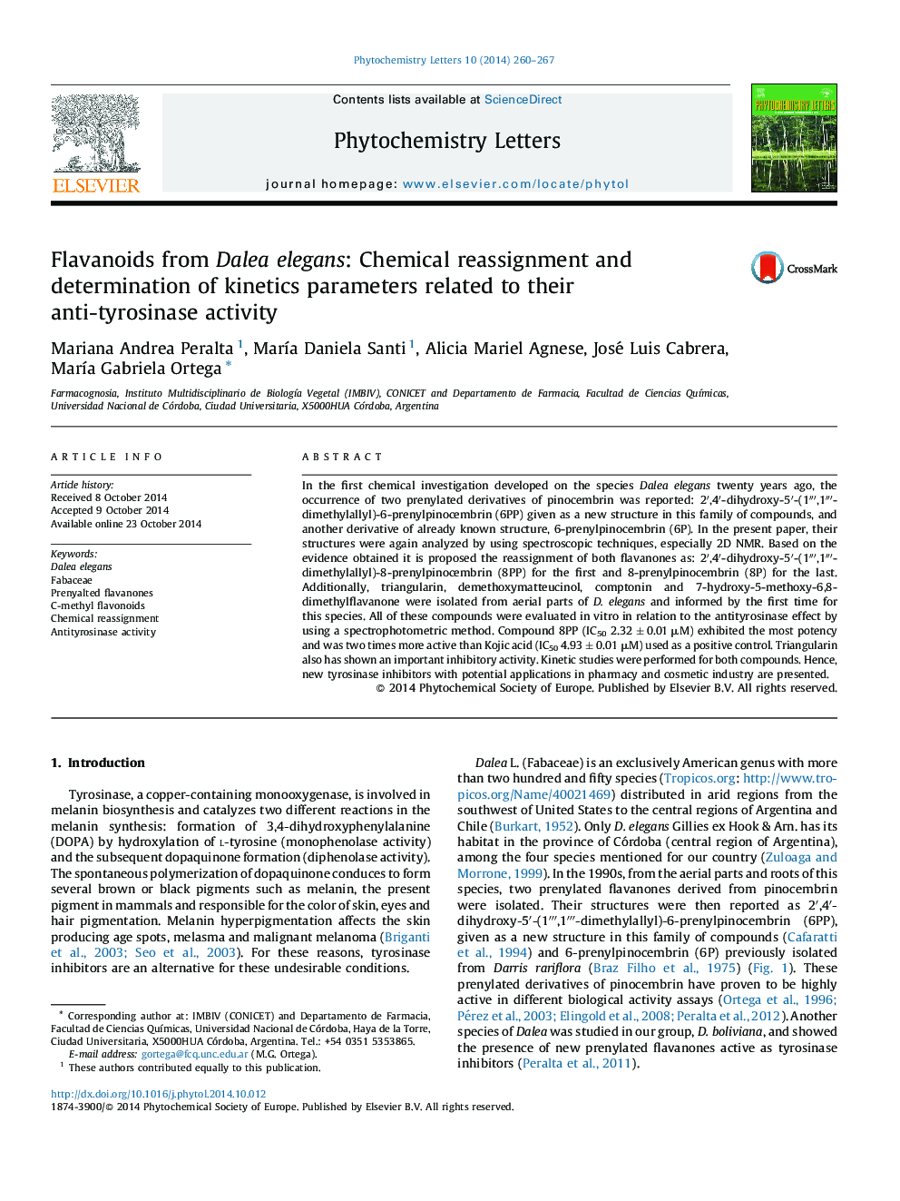 Flavanoids from Dalea elegans: Chemical reassignment and determination of kinetics parameters related to their anti-tyrosinase activity