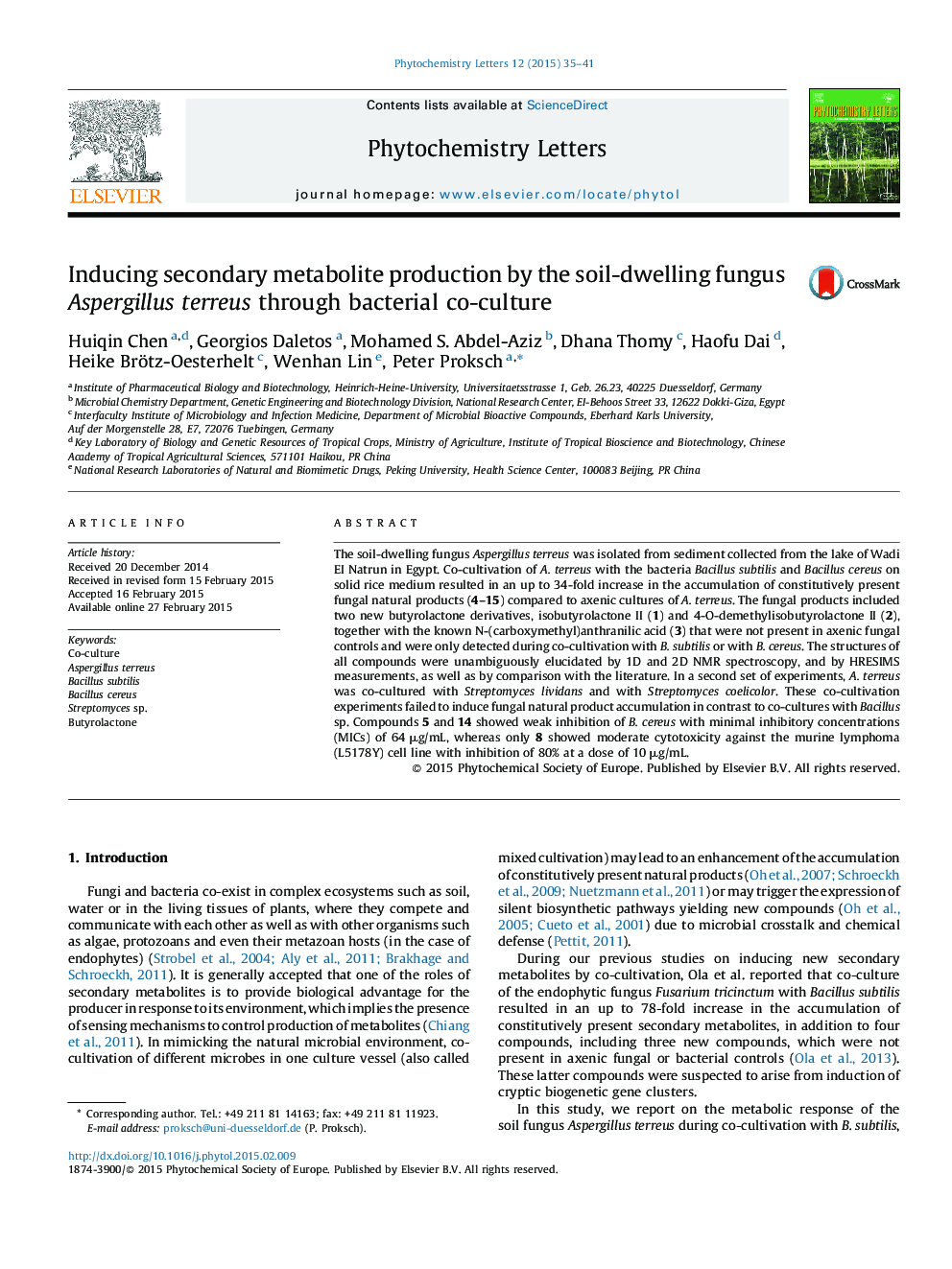 Inducing secondary metabolite production by the soil-dwelling fungus Aspergillus terreus through bacterial co-culture