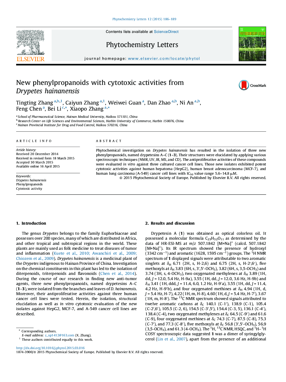 New phenylpropanoids with cytotoxic activities from Drypetes hainanensis