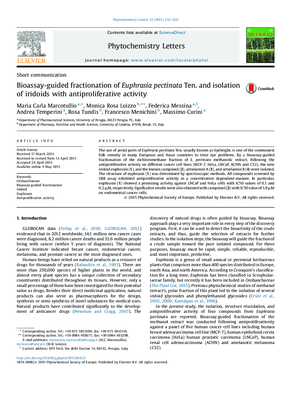 Bioassay-guided fractionation of Euphrasia pectinata Ten. and isolation of iridoids with antiproliferative activity