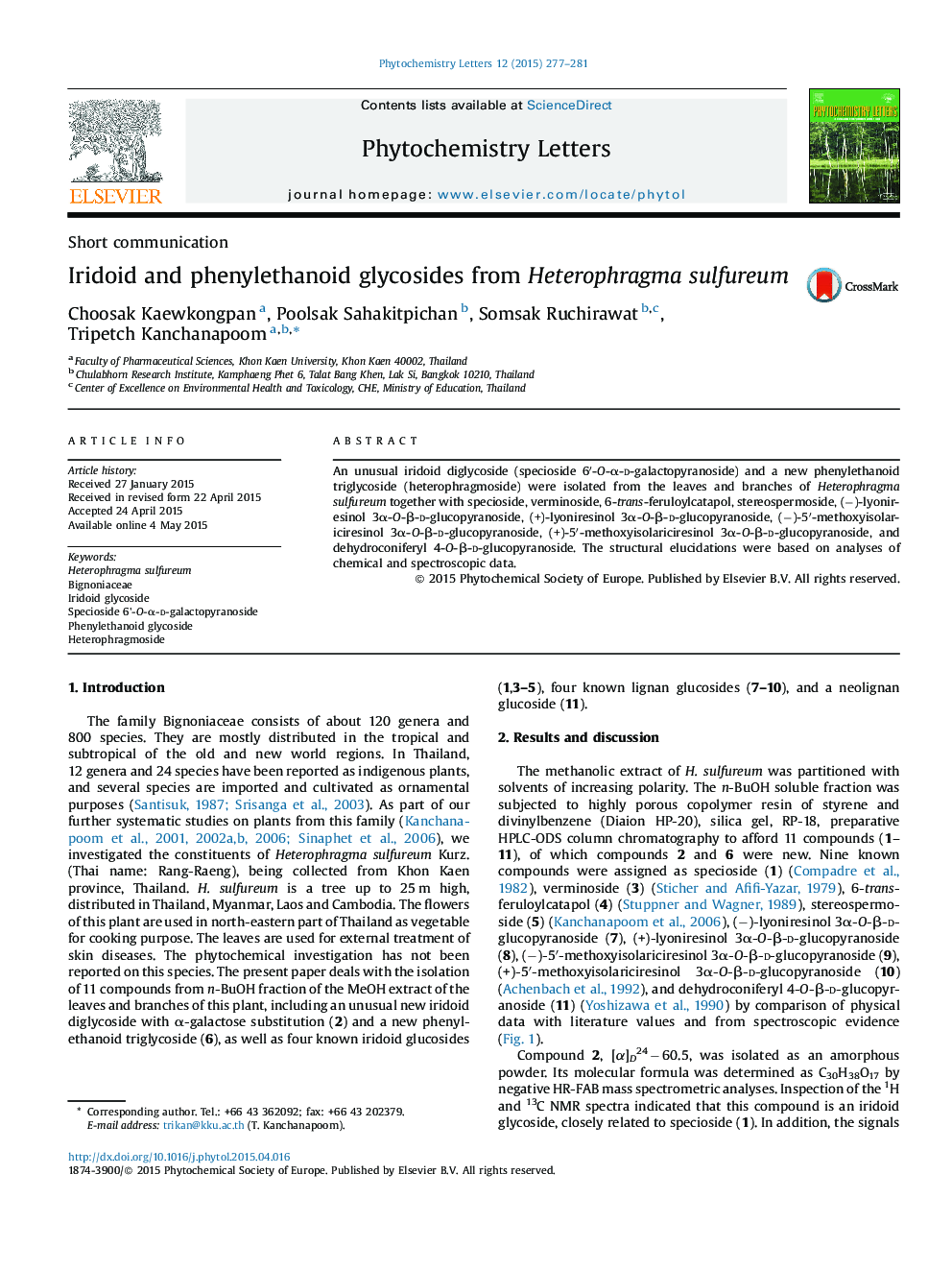 Iridoid and phenylethanoid glycosides from Heterophragma sulfureum