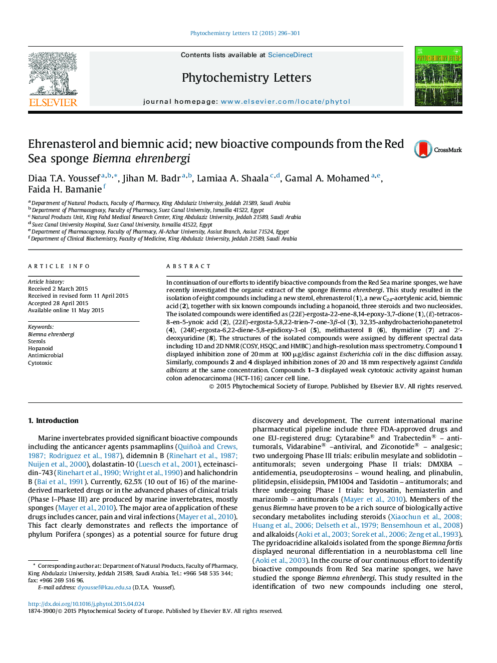 Ehrenasterol and biemnic acid; new bioactive compounds from the Red Sea sponge Biemna ehrenbergi