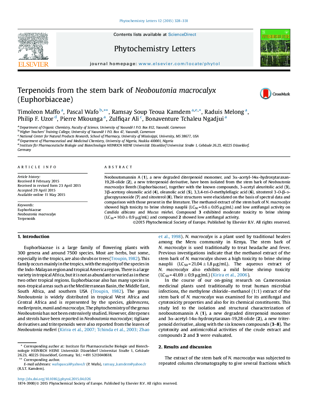 Terpenoids from the stem bark of Neoboutonia macrocalyx (Euphorbiaceae)