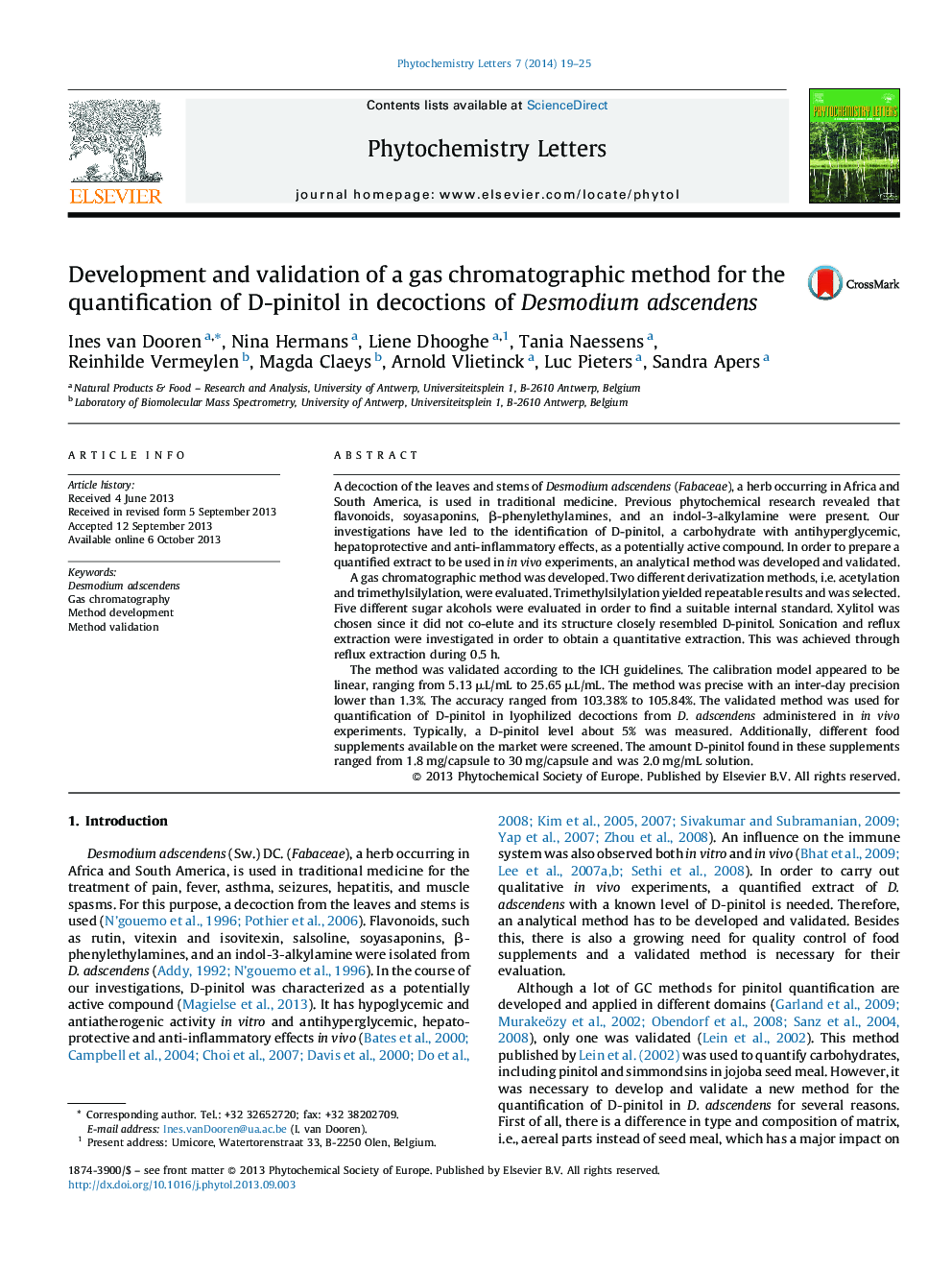 Development and validation of a gas chromatographic method for the quantification of D-pinitol in decoctions of Desmodium adscendens