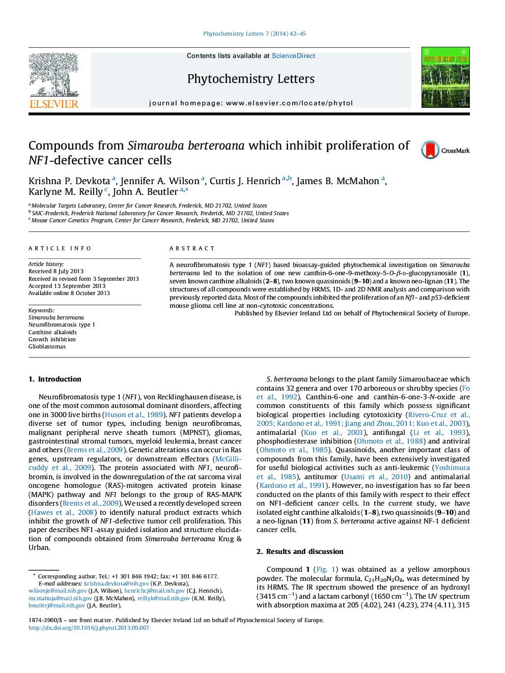 Compounds from Simarouba berteroana which inhibit proliferation of NF1-defective cancer cells