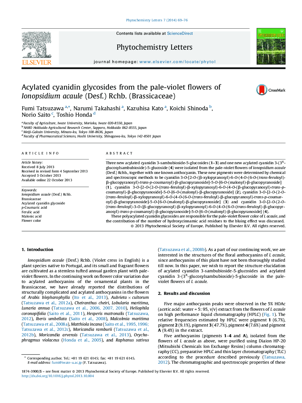 Acylated cyanidin glycosides from the pale-violet flowers of Ionopsidium acaule (Desf.) Rchb. (Brassicaceae)