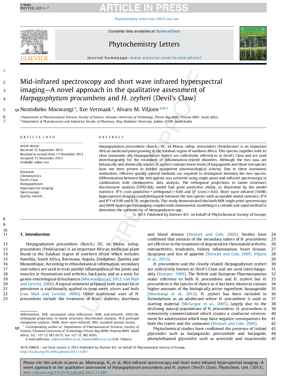 Mid-infrared spectroscopy and short wave infrared hyperspectral imaging-A novel approach in the qualitative assessment of Harpagophytum procumbens and H. zeyheri (Devil's Claw)