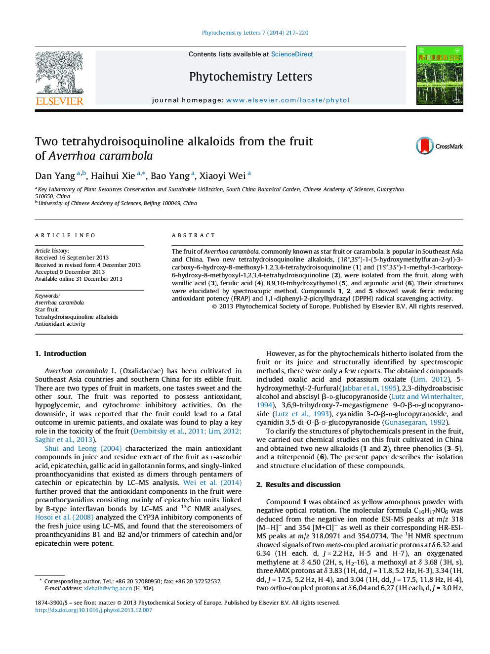 Two tetrahydroisoquinoline alkaloids from the fruit of Averrhoa carambola