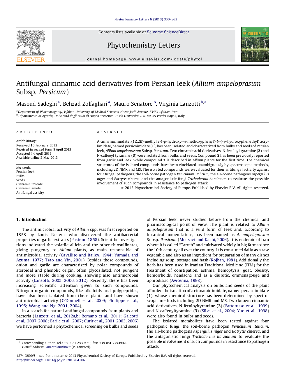 Antifungal cinnamic acid derivatives from Persian leek (Allium ampeloprasum Subsp. Persicum)