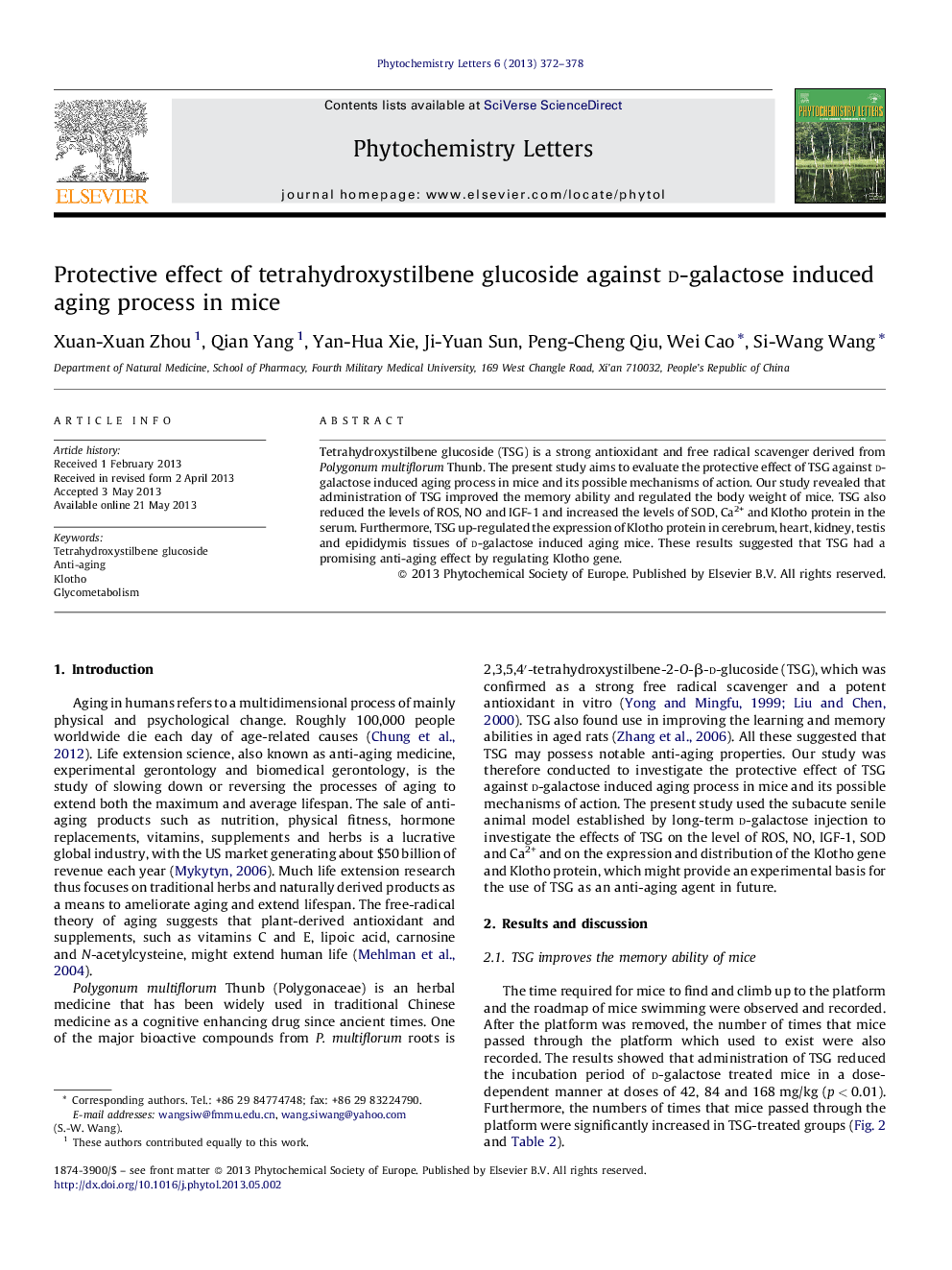 Protective effect of tetrahydroxystilbene glucoside against d-galactose induced aging process in mice