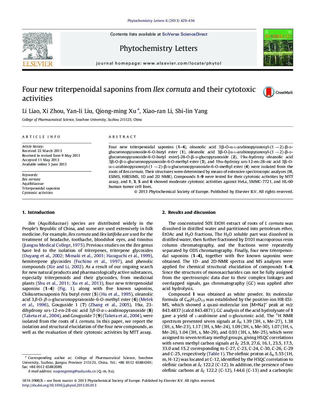 Four new triterpenoidal saponins from Ilex cornuta and their cytotoxic activities